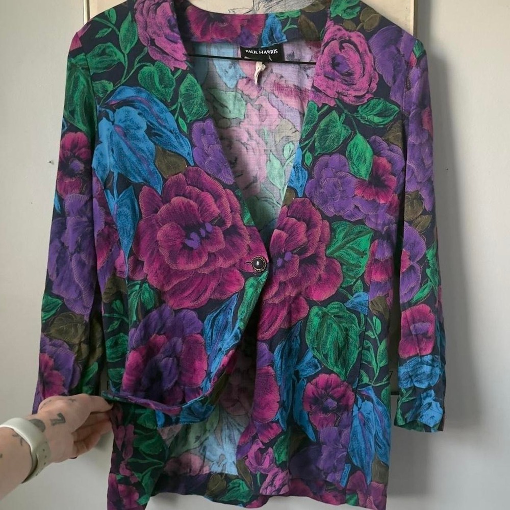 Paul Harris Vintage 80s 90s Dark Floral Shirt Jacket Jewel Tone Retro Womens S
